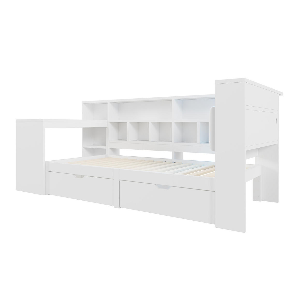 BETT 90/200 cm mit Kopfteil, Schreibtisch, Regal und Schubladen in Weiß - Weiß, Holzwerkstoff (90/200cm) - BEAOK