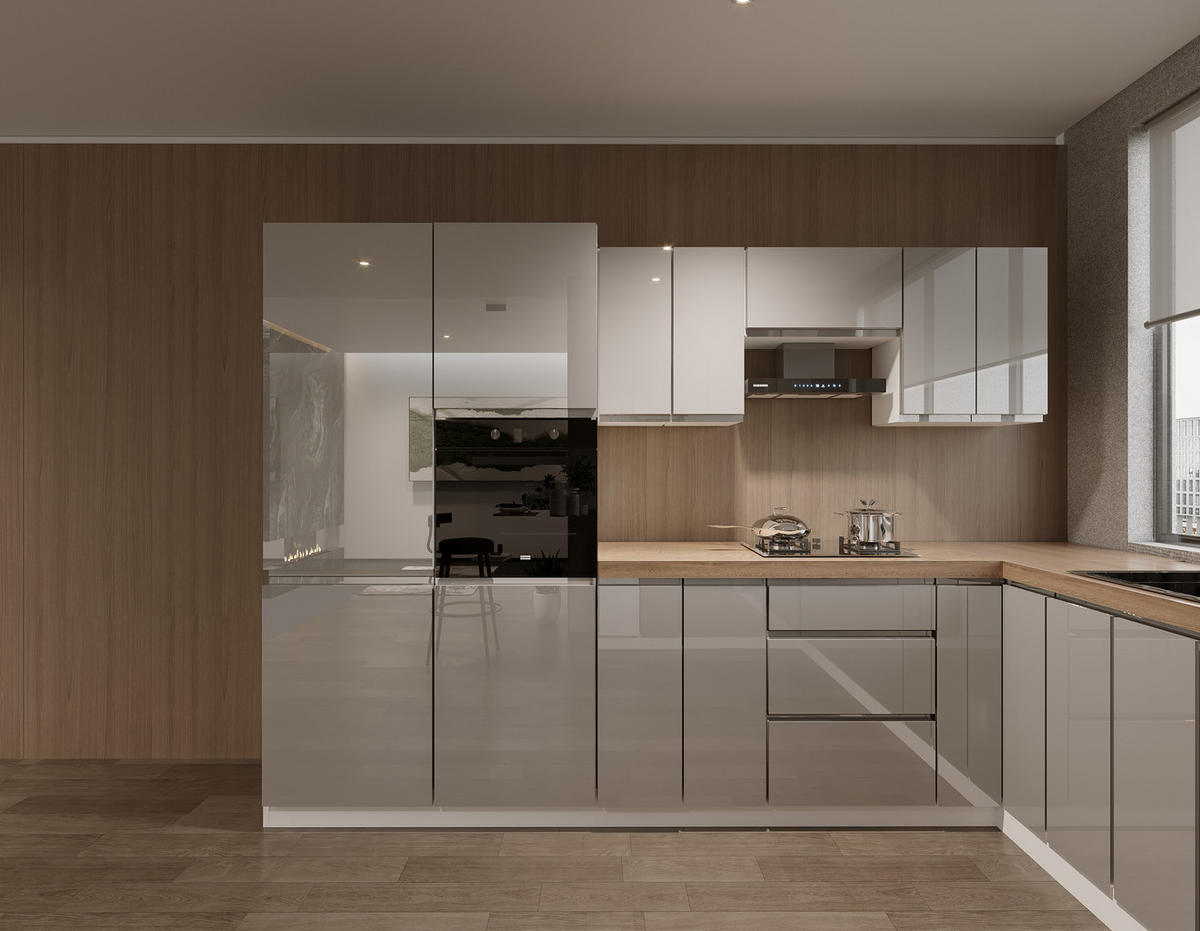 WINKELKÜCHE 320 cm x 320 cm x 200 cm- Aspen KA20-M320 - in Grau/Hochglanz - Grau, Holz (840/212/58cm)