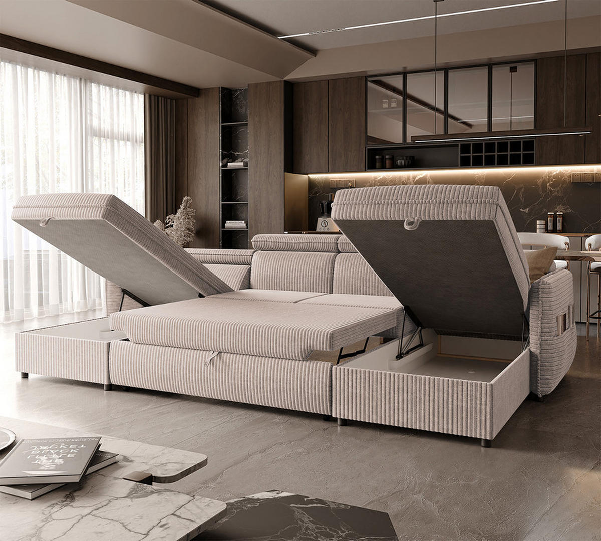 WOHNLANDSCHAFT BENI mit Schlaffunktion und Bettkasten Sandfarben - Sandfarben/Schwarz, Kunststoff/Textil (286/60/166cm) - Idohome