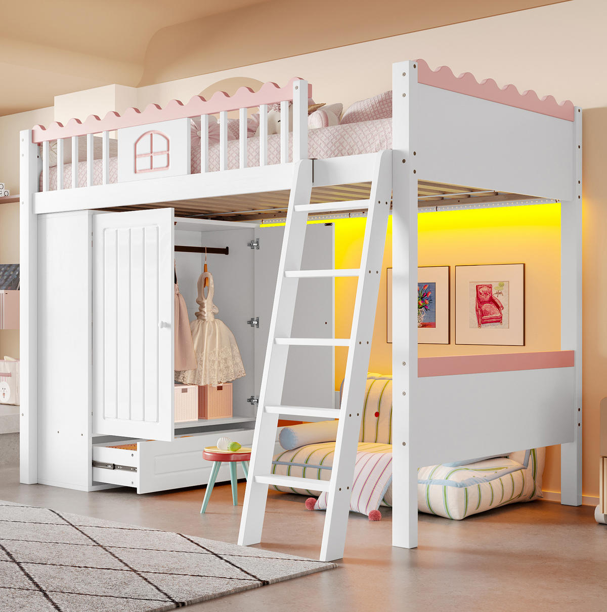 HOCHBETT 90/200 cm Weiß mit Kleiderschrank, Schublade und LED-Beleuchtung - Weiß, Holz (90/200cm) - Flora Grace