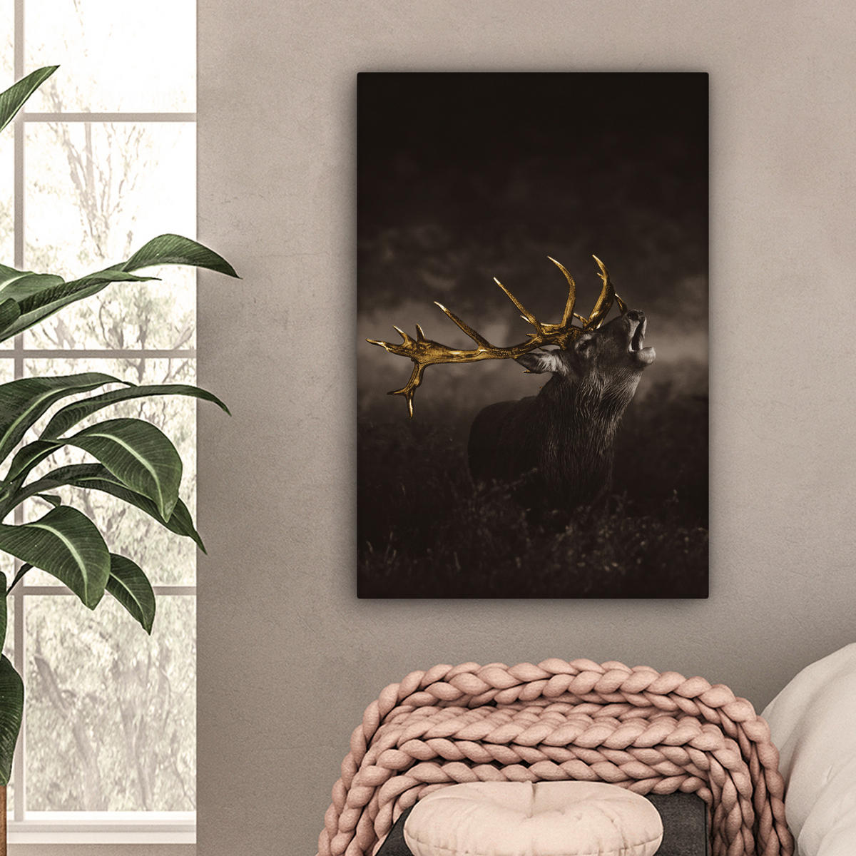 LEINWANDBILD Rotwild - Schwarz - Gold Wanddeko 40x60 cm - Braun, Textil (40/60cm) - MuchoWow