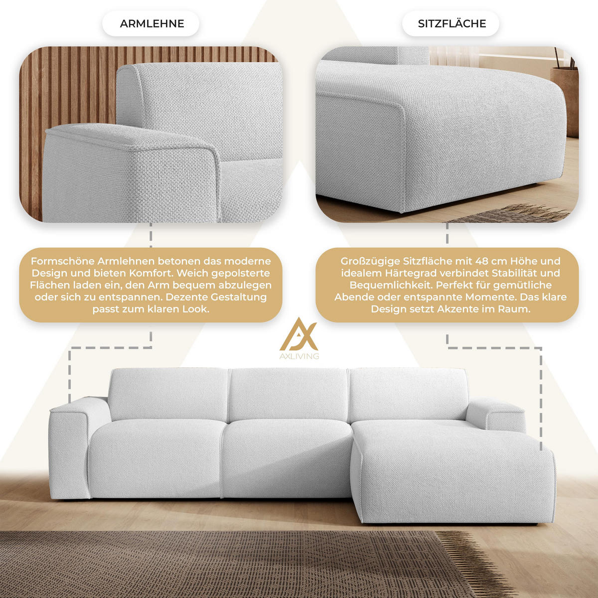 ECKSOFA L Form Didim mini Ivory 310/165/78 cm – stilvolle kleine Eckcouch R - Greige/Champagner, Kunststoff/Textil (310/165cm) - AX Living