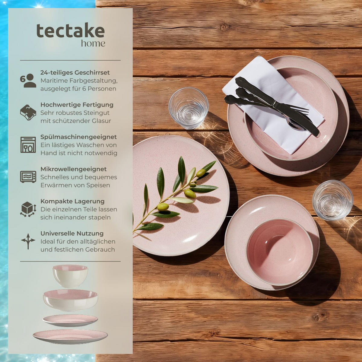 TAFELSERVICE Mare, ineinander stapelbar, rosa - Rosa, Keramik (26.5/2.5/26.5cm) - tectake