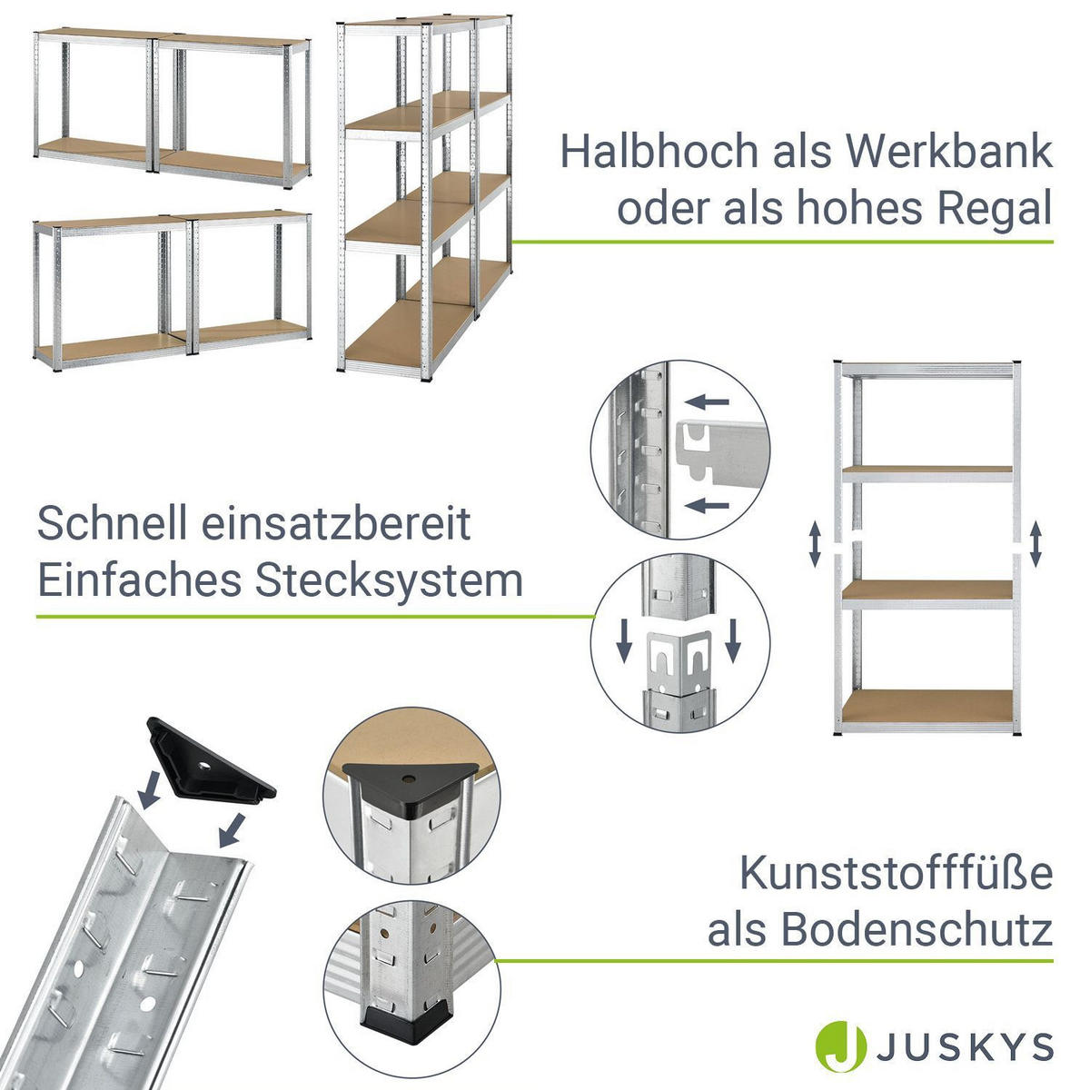 LAGERREGAL Easy verzinkt 160x80x40 cm (2er-Set) - Silberfarben, Metall (80/160/40cm) - Juskys