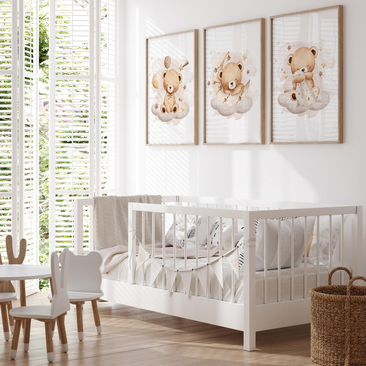 SADA PLAGÁTOV Do Detskej Izby Spiace Medvede Na Oblakoch Hviezdy 3x Plagát A3 30 x 42 cm - hnedá/biela, papier (30/42/1cm) - Muralo