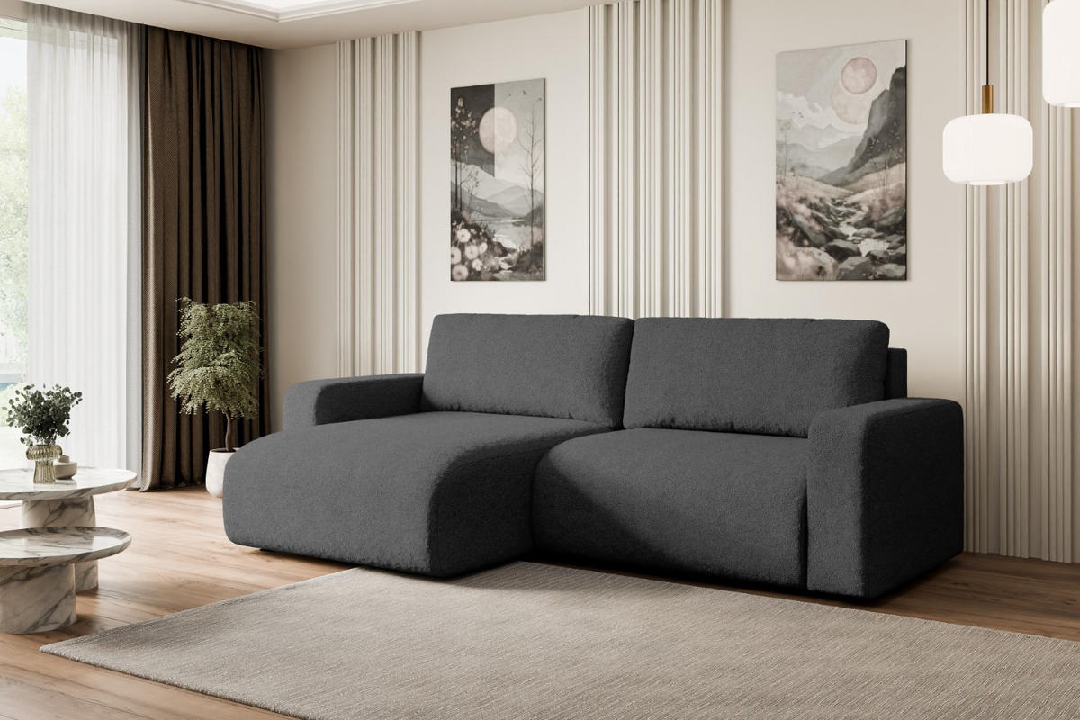 ECKSOFA mit Schlaffunktion und Bettkasten KLEEA-L - 247x143x83 cm Grau Bouclé - Schwarz/Grau, Holzwerkstoff/Kunststoff (247/143cm) - ALTDECOR