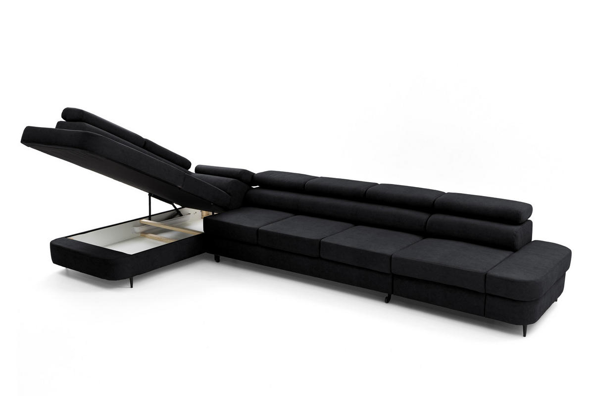 ECKSOFA PRIAM XXL L-Form Links mit Schlaffunktion 125x265 Velours Schwarz - Schwarz, Holz/Textil (203/420cm) - Muffo