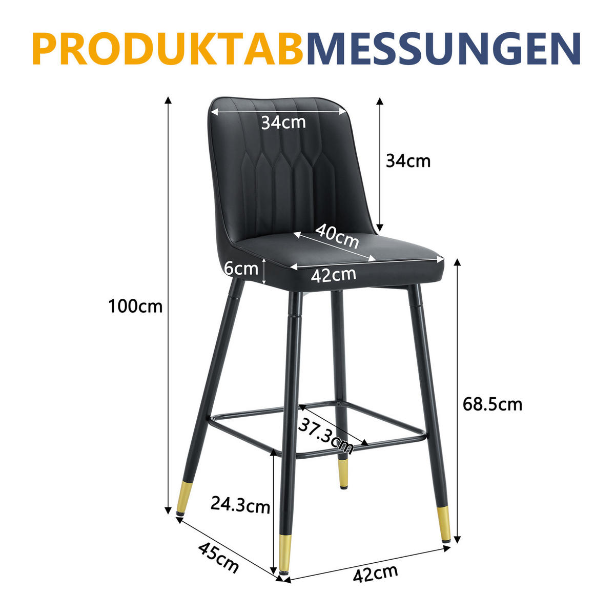 BARHOCKER 2er-Set 100 cm PU-Leder Schwarz mit Metallgestell - Schwarz, Metall (45/100/42cm) - Meubliv