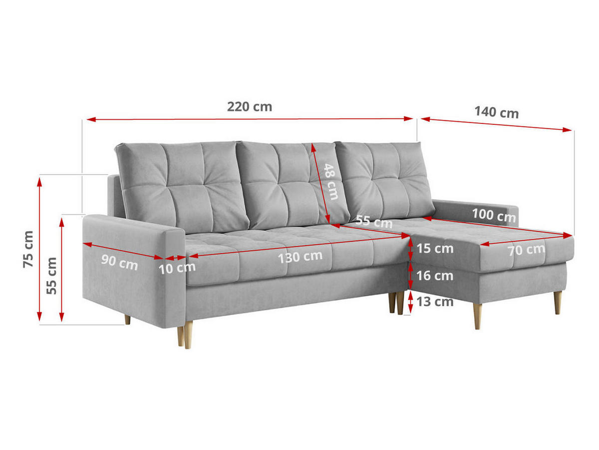 ECKSOFA Astra Hellgrau Velvet - Hellgrau/Braun, Holz/Textil (220/140cm) - MKS