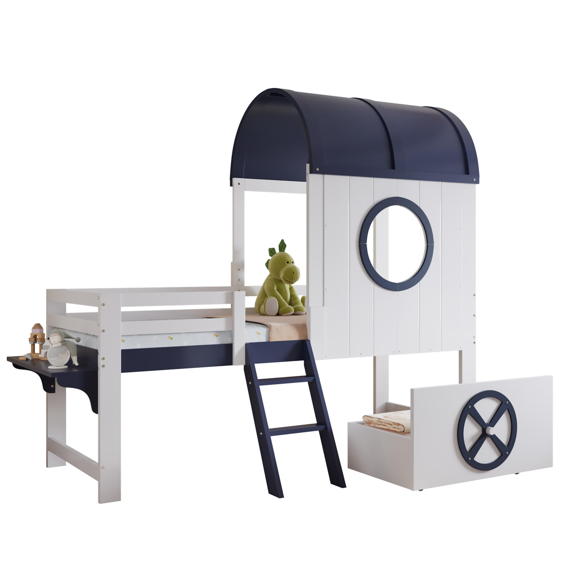 HAUSBETT 90/200 cm in Weiß/Dunkelblau mit Schublade und Dach - Weiß, Holzwerkstoff (90/200cm) - Flora Grace