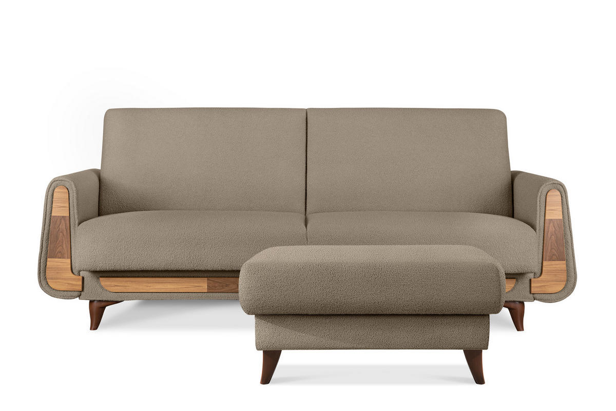 HOCKER GUSTAVO Bouclé, Dunkelbeige - Graubraun/Beige, Holz/Holzwerkstoff (92/49/92cm) - KONSIMO®
