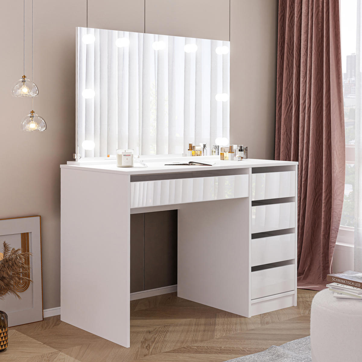 SCHMINKTISCH Bella Weiß Hochglanz 110 cm mit Spiegel und LED Beleuchtung - Weiß Hochglanz, Holzwerkstoff (110/77/55cm) - Idohome