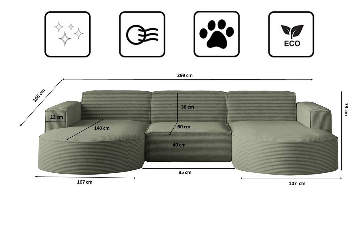 ECKSOFA Designer MODENA U STUDIO Stoff Dicker Cord Hellgrün - Hellgrün, Holz (165/299cm) - Kaiser Möbel