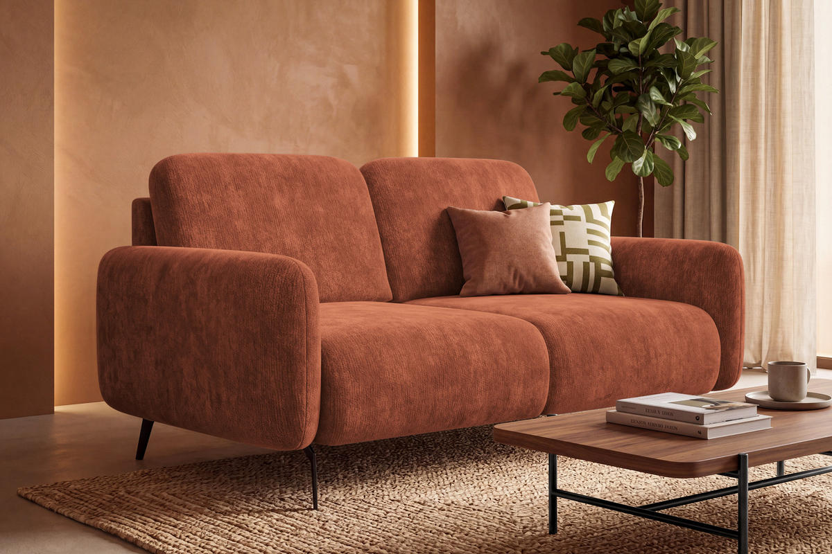 SOFA FEBE 2-Sitzer, rostroter Chenille-Stoff - Rostfarben/Schwarz, Holz/Textil (160/82/96cm) - Wozimo