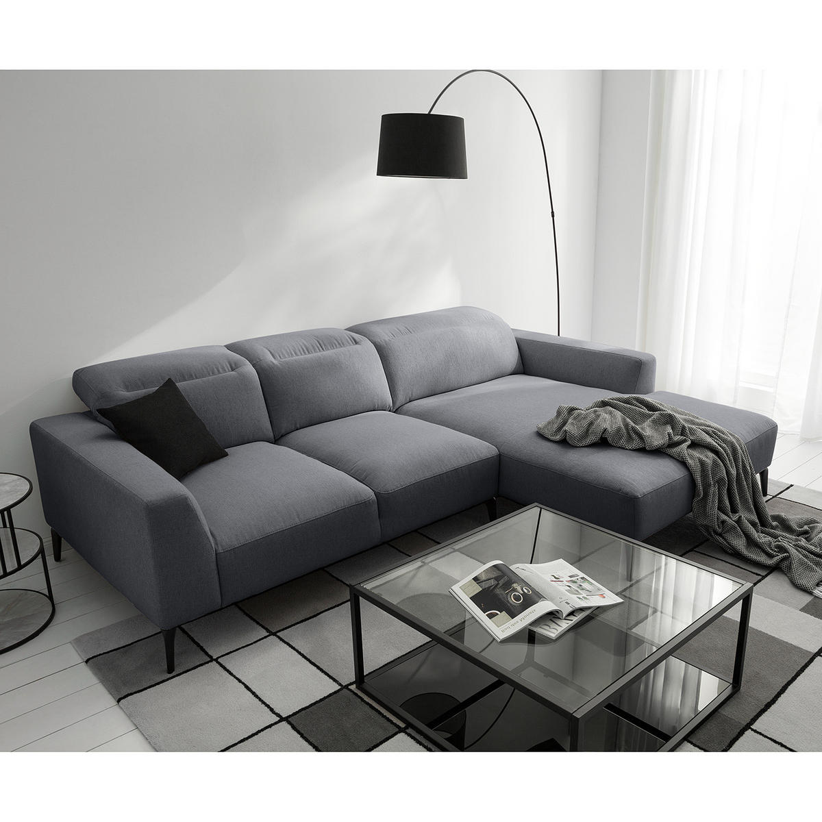 ECKSOFA mit Longchair - Schwarz/Grau, Textil/Metall (265/180cm) - home24