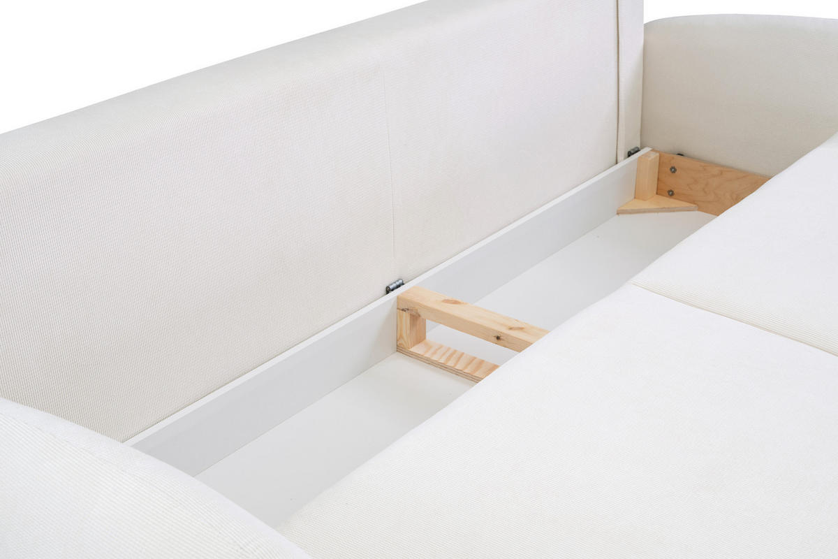 SOFA SOFT RunAgin Mit Schlaffunktion Und Bettkasten, PUR-Schaum, Schwarze Kunststofffüße, lose Rückenkissen, freistehend, 232x109x95 cm White - Weiß, Holz/Textil (232/95/109cm) - DomoHome