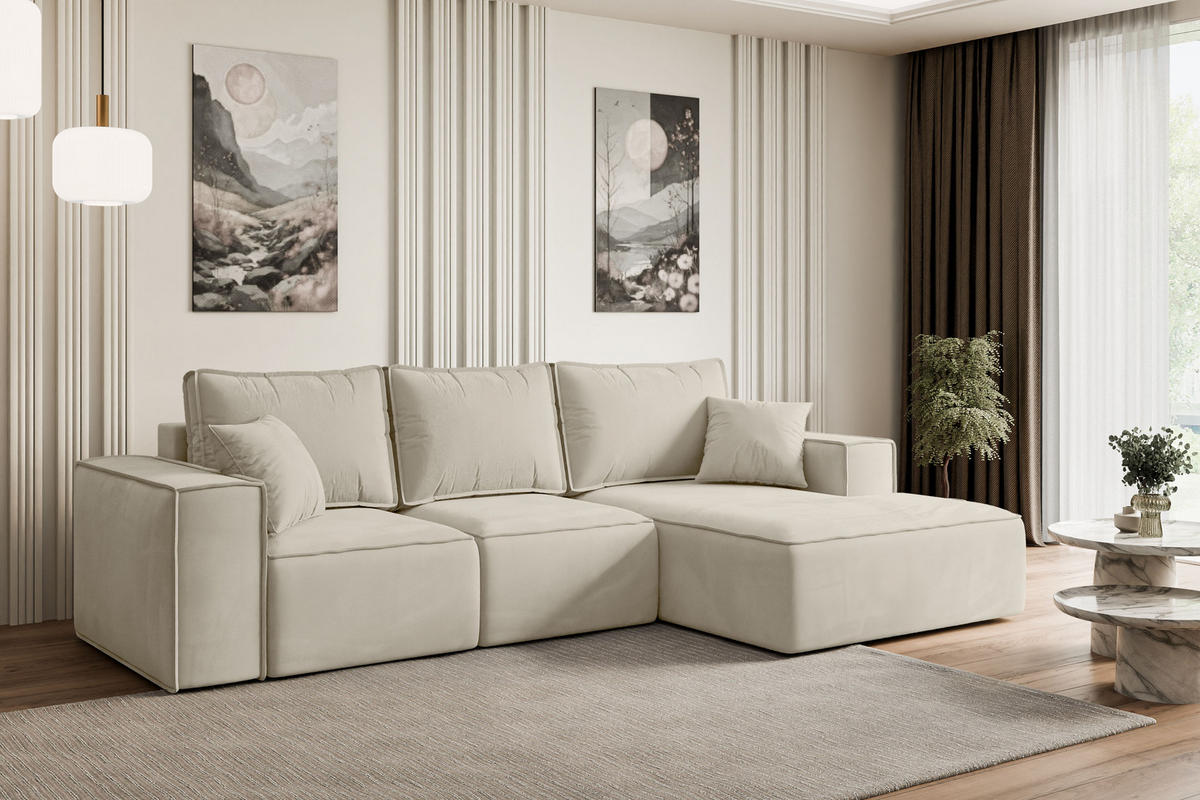 ECKSOFA mit Schlaffunktion und Bettkasten SERRA-L-S - 266x161x87 cm Beige Velours - Beige/Schwarz, Holzwerkstoff/Kunststoff (266/161cm) - ALTDECOR