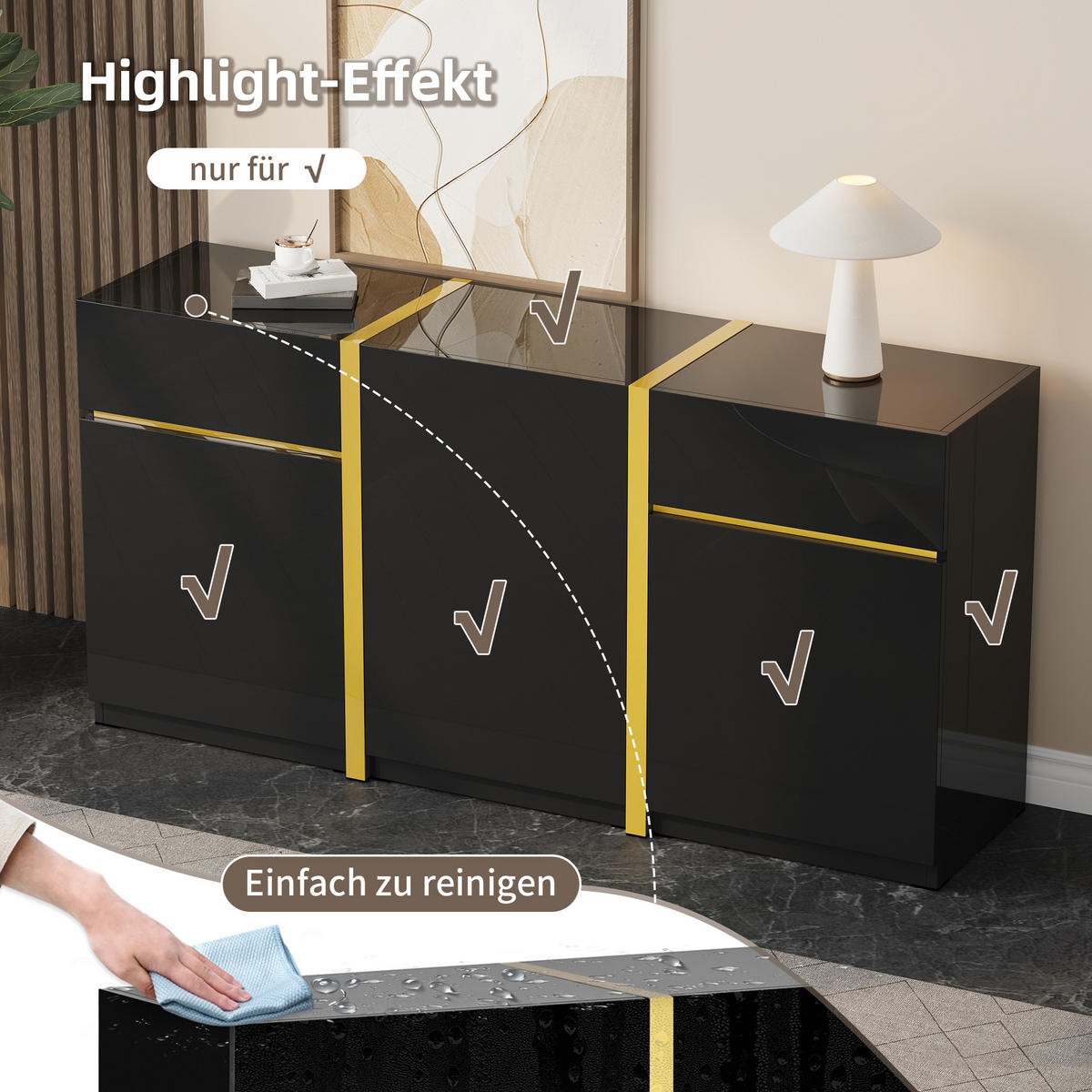 SIDEBOARD Hochglanz 3 Türen 2 Schubladen modern - Schwarz, Holzwerkstoff (40/78/160cm) - FLIEKS