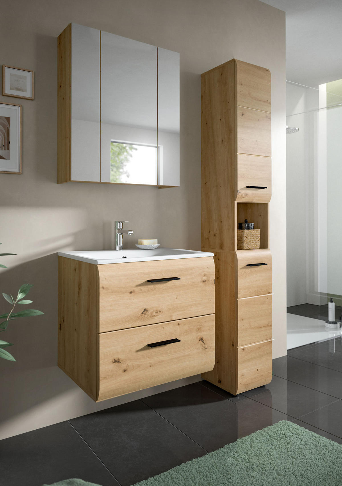 BADMÖBEL SET 3-teilig in Artisan Eiche, Badkombination 105 x 185 cm, Cover - Schwarz/Eiche Artisan, Glas/Keramik (105/185/30cm) - Inn.Furn