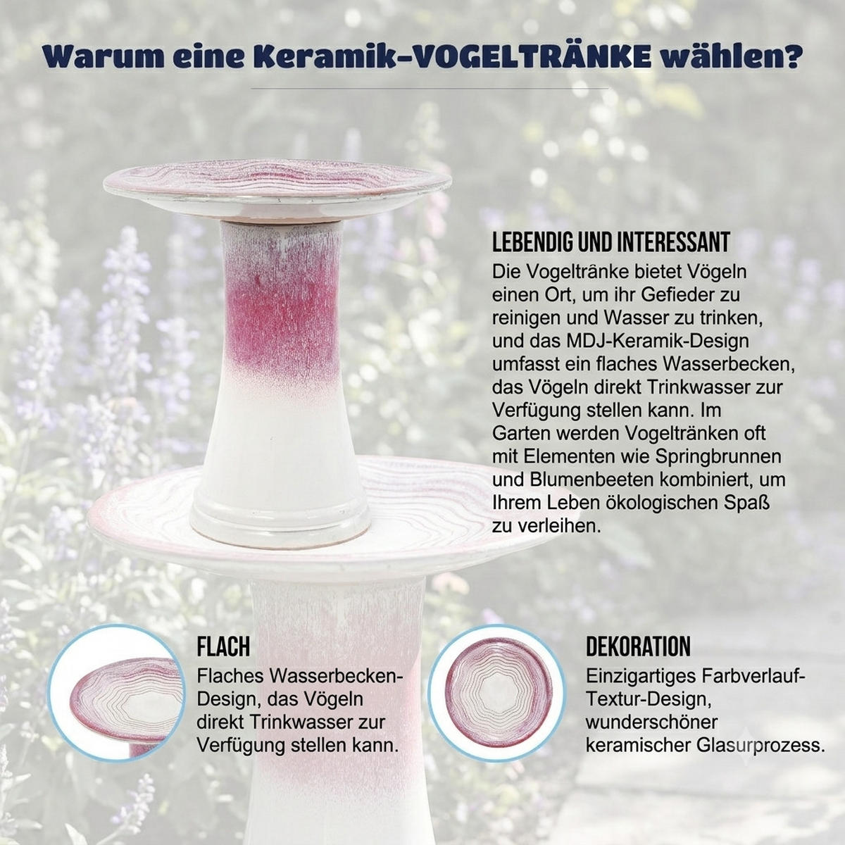 VOGELBAD mit Standfuß, Keramik Ø43/45H cm, Wetterfest, Rosa-Weiß - Pink, Keramik (43/45/43cm) - LVHOM