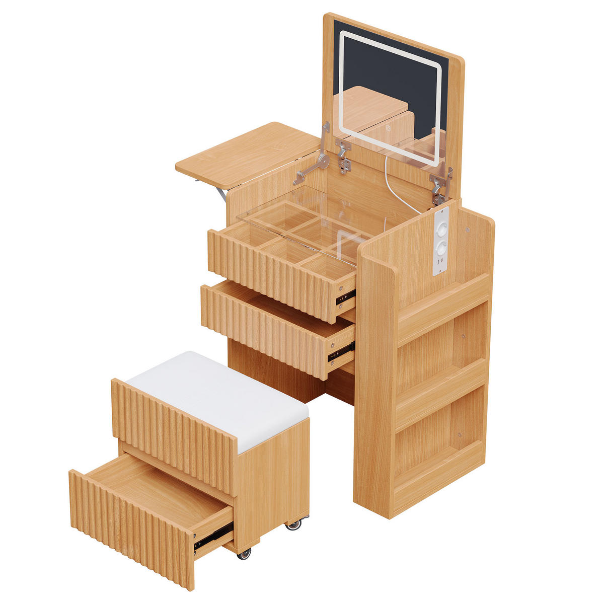 SCHMINKTISCH LED Spiegel USB Hocker 3 Schubladen Modern - Naturfarben, Holzwerkstoff (79/120/40cm) - FLIEKS