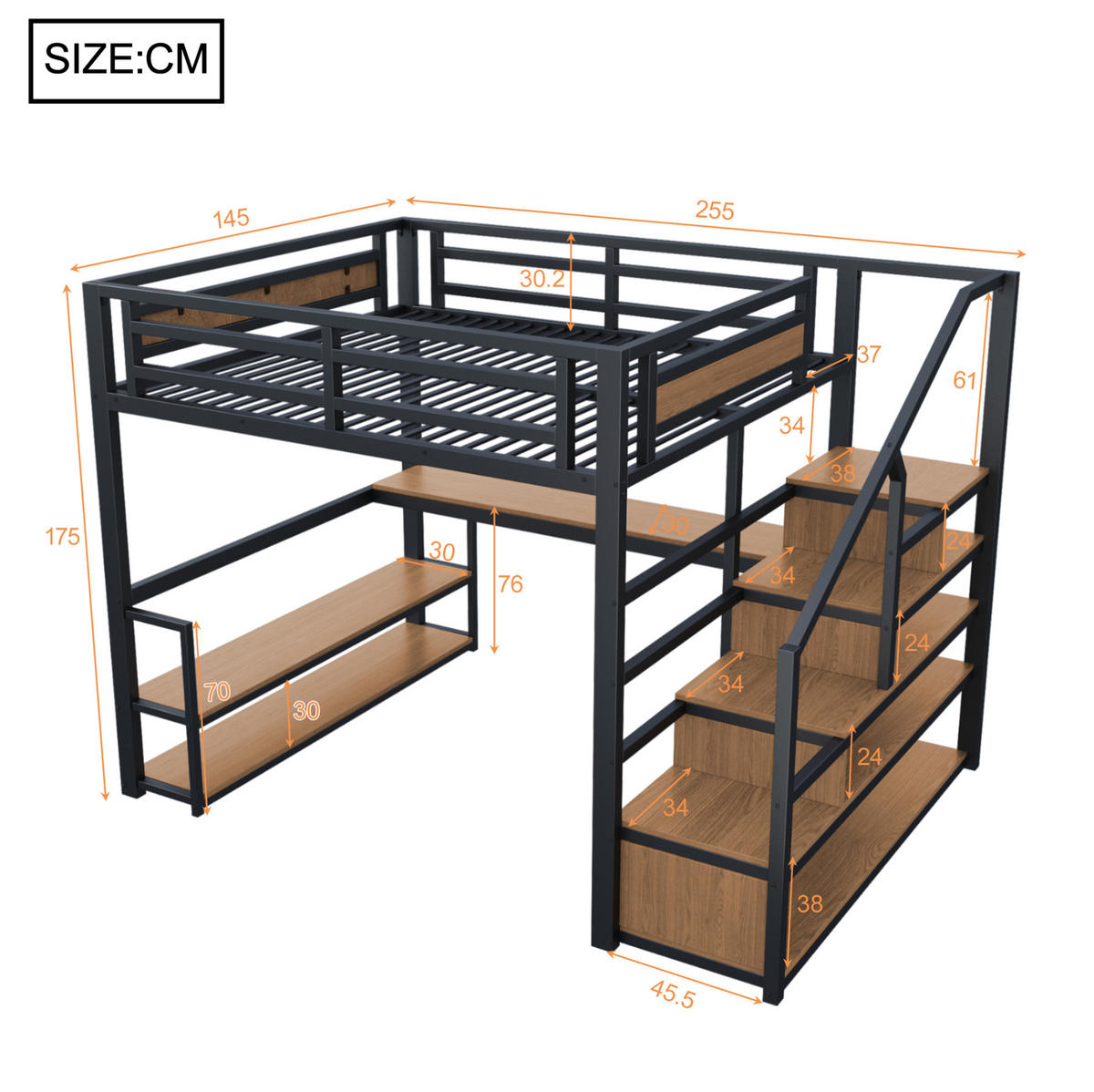 HOCHBETT mit Schreibtisch 140/200 cm in Schwarz – mit Regalen und Aufbewahrungstreppe - Schwarz, Metall (140/200cm) - BEAOK