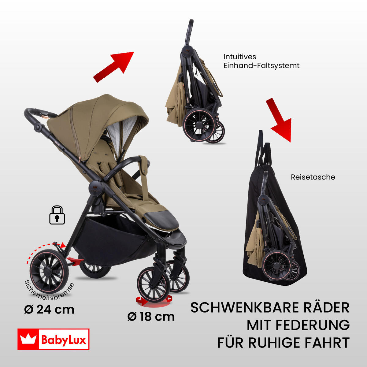 BUGGY Rombo, Klein und Leicht, Teleskopische Führung, Kompakt Faltbar, Wickeltasche, Reisetasche - Schwarz/Olivgrün, Textil/Metall (58/98cm) - BabyLux