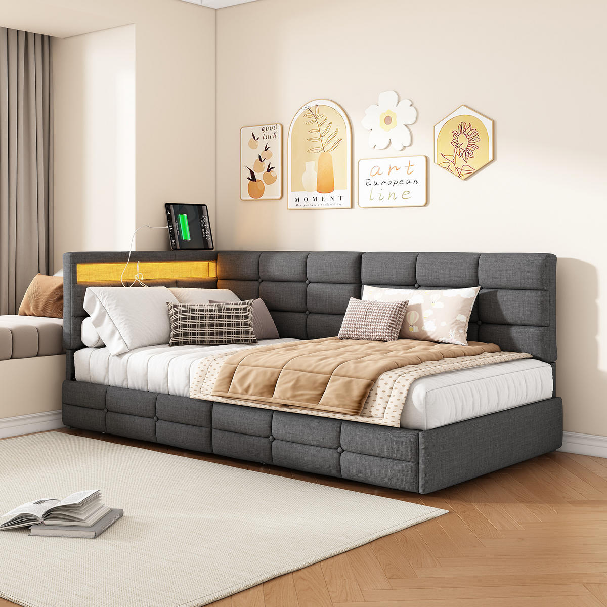 POLSTERBETT 90x200 Mit 2 Schubladen, LED & USB Typ-C, Grau - Grau, Holz (90/200cm) - EuroLiving