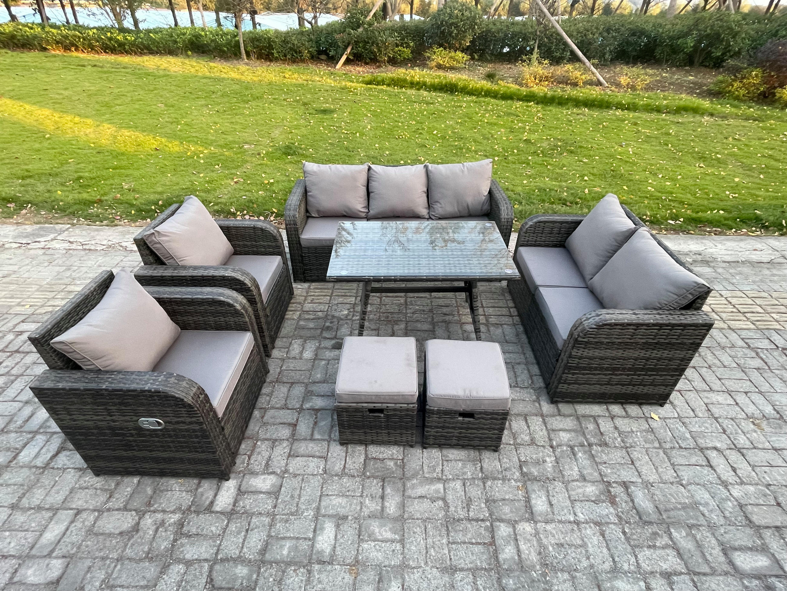 GARTENMÖBEL SET Polyrattan Dunkelgrau 9-Sitzer - Dunkelgrau/Grau, Glas/Kunststoff - Fimous