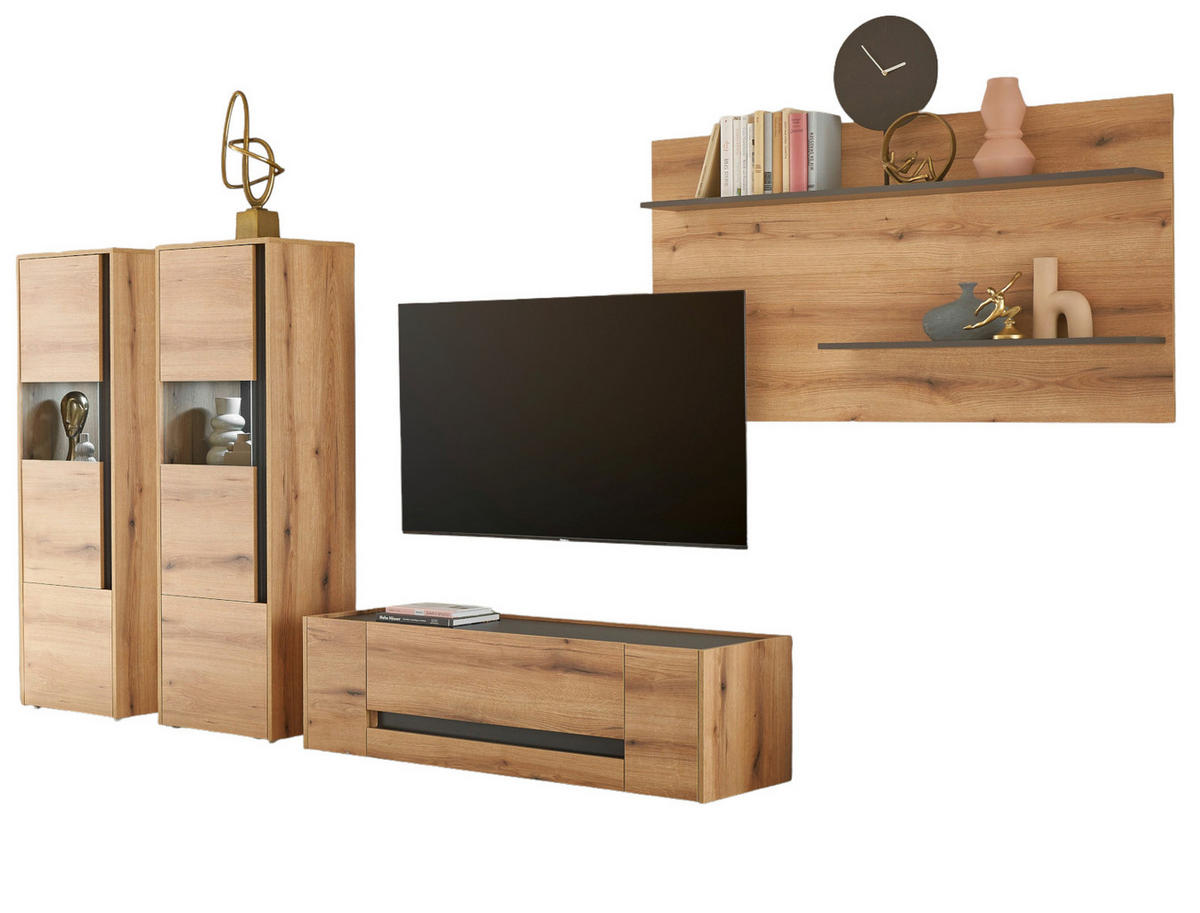 WOHNWAND Evoke Eiche, grau, Wohnkombination Set 4-teilig, 340 cm - Eichefarben/Grau, Glas/Holz (340/170/45cm) - Furn.Design