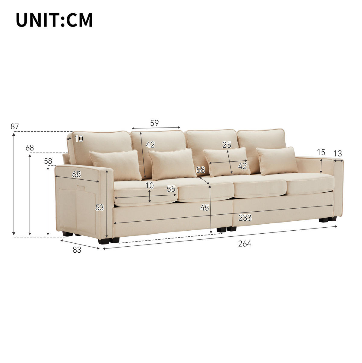 4-SITZER Sofa Leinenstoff mit Armlehnentaschen und 4 Kissen 264/83/87 cm Beige - Beige, Textil (87/264/83cm) - Redom