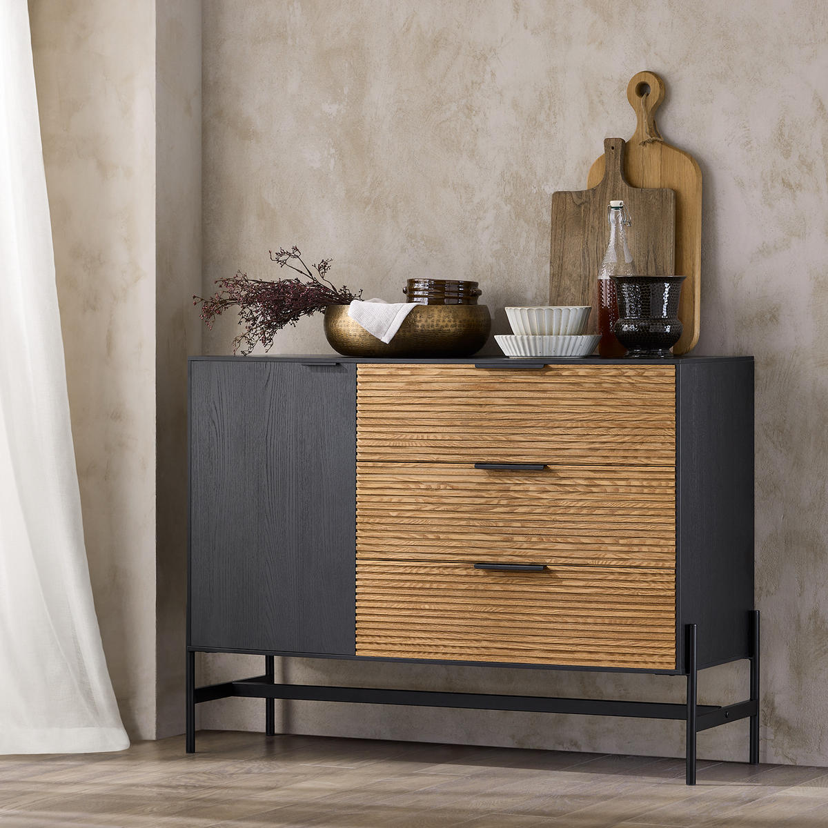 SIDEBOARD Schwarz-Natur - Schwarz/Naturfarben, Holzwerkstoff/Metall (114/83/40cm) - SoBuy