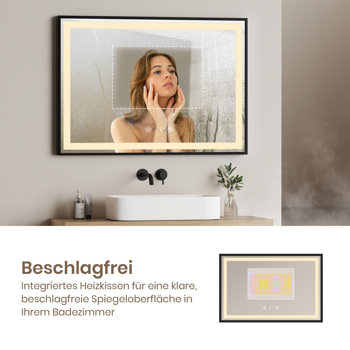 BADSPIEGEL mit Beleuchtung Schwarzer Rahmen 80/60 cm - Weiß, Glas (60/4/80cm) - EMKE