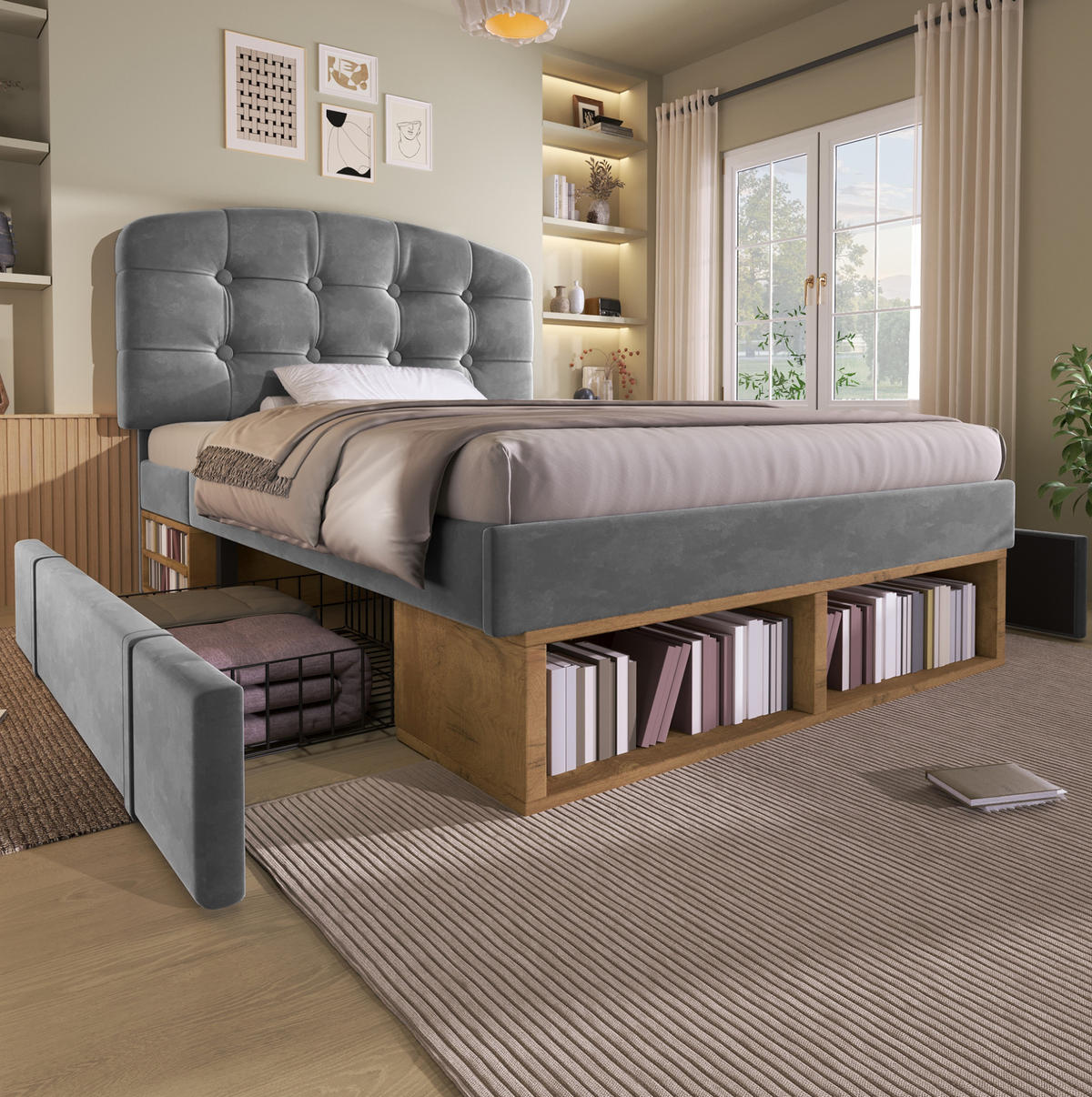 POLSTERBETT 90x200 cm in Grau mit höhenverstellbarem Kopfteil und Schubladen - Grau, Textil (90/200cm) - IVMEU