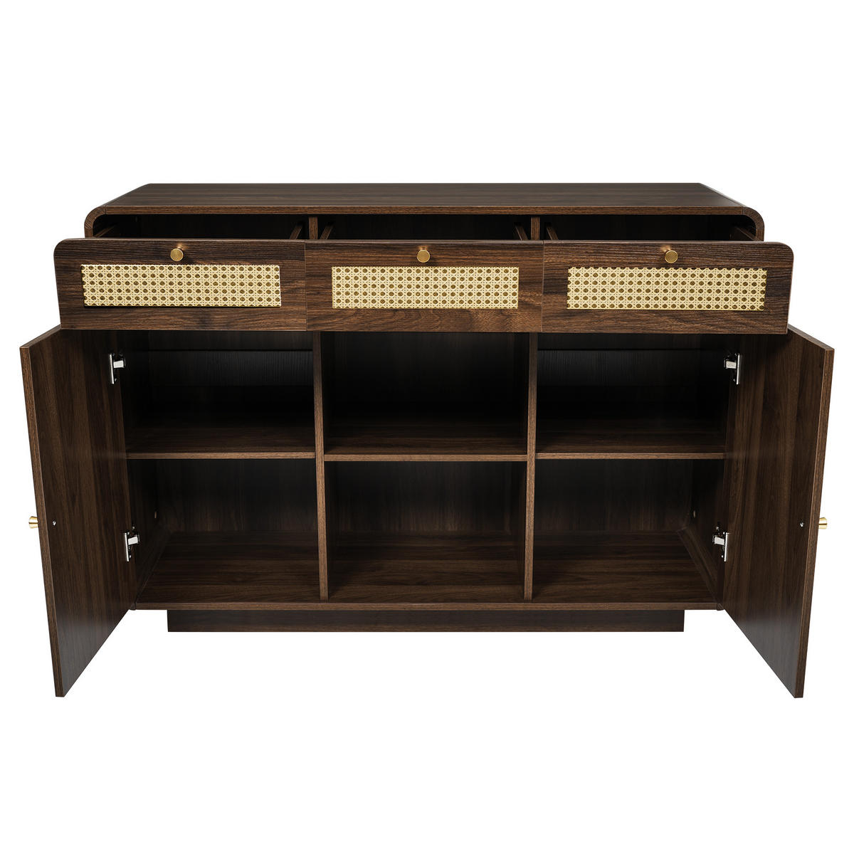 SIDEBOARD Nussbaum, Rattanfronten, Goldgriffe 3 Schubladen, 2 Schränke, Höhenverstellbare Einlegeböden - Walnussfarben, Holzwerkstoff (120/85/40cm) - Urban Meuble