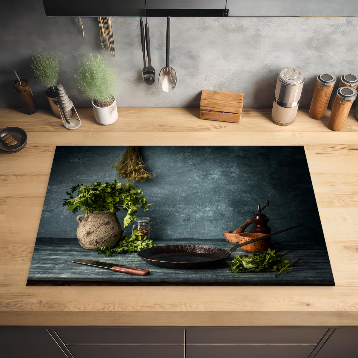 HERDABDECKPLATTE Kräuter - Gewürze - Pfanne - Messer - Grau - Rustikal 81x52 cm - Petrol, Kunststoff (81.2/0.2/52cm) - MuchoWow