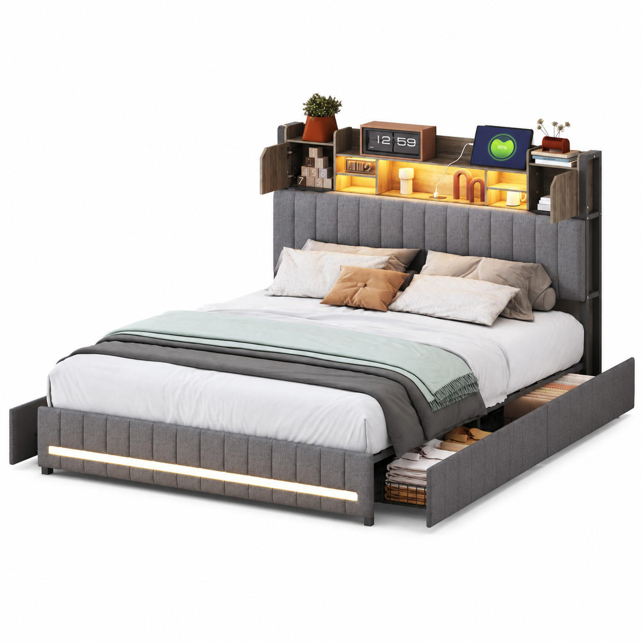 POLSTERBETT 160/200 cm mit Bücherregal-Kopfteil, USB-Anschluss, LED-Beleuchtung & Stauraum-Schubladen, Metallrahmen, Lattenrost inklusive - Anthrazit, Holz/Metall (160/200cm) - Joyfair