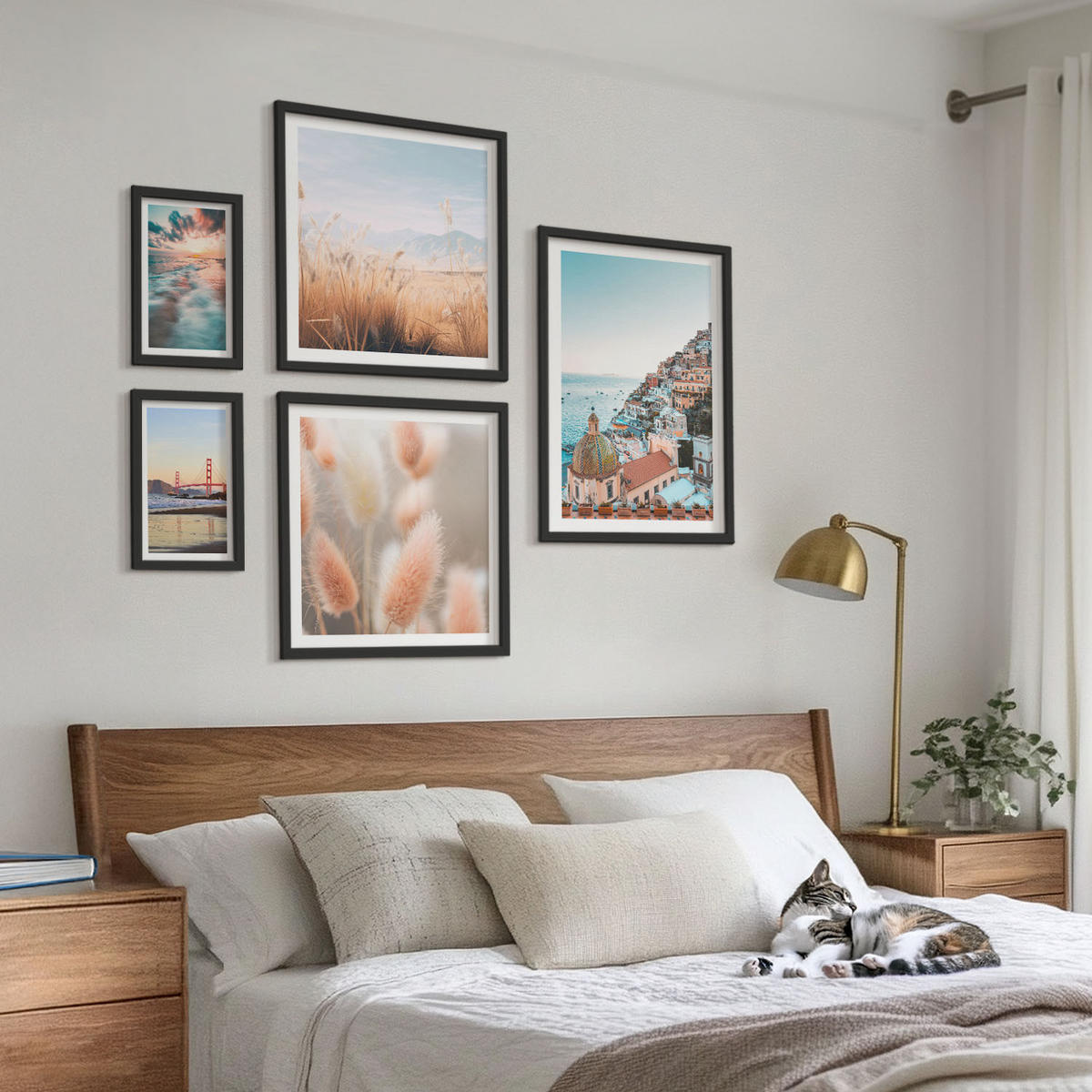 WANDBILDER 5er-Set - 50x50 cm & 20x30 cm & 40x60 cm Schwarzer Rahmen - Sonnenuntergang am Meer, Häuser, Blumen - Schwarz, Kunststoff (40/60cm) - ArtPrintCave