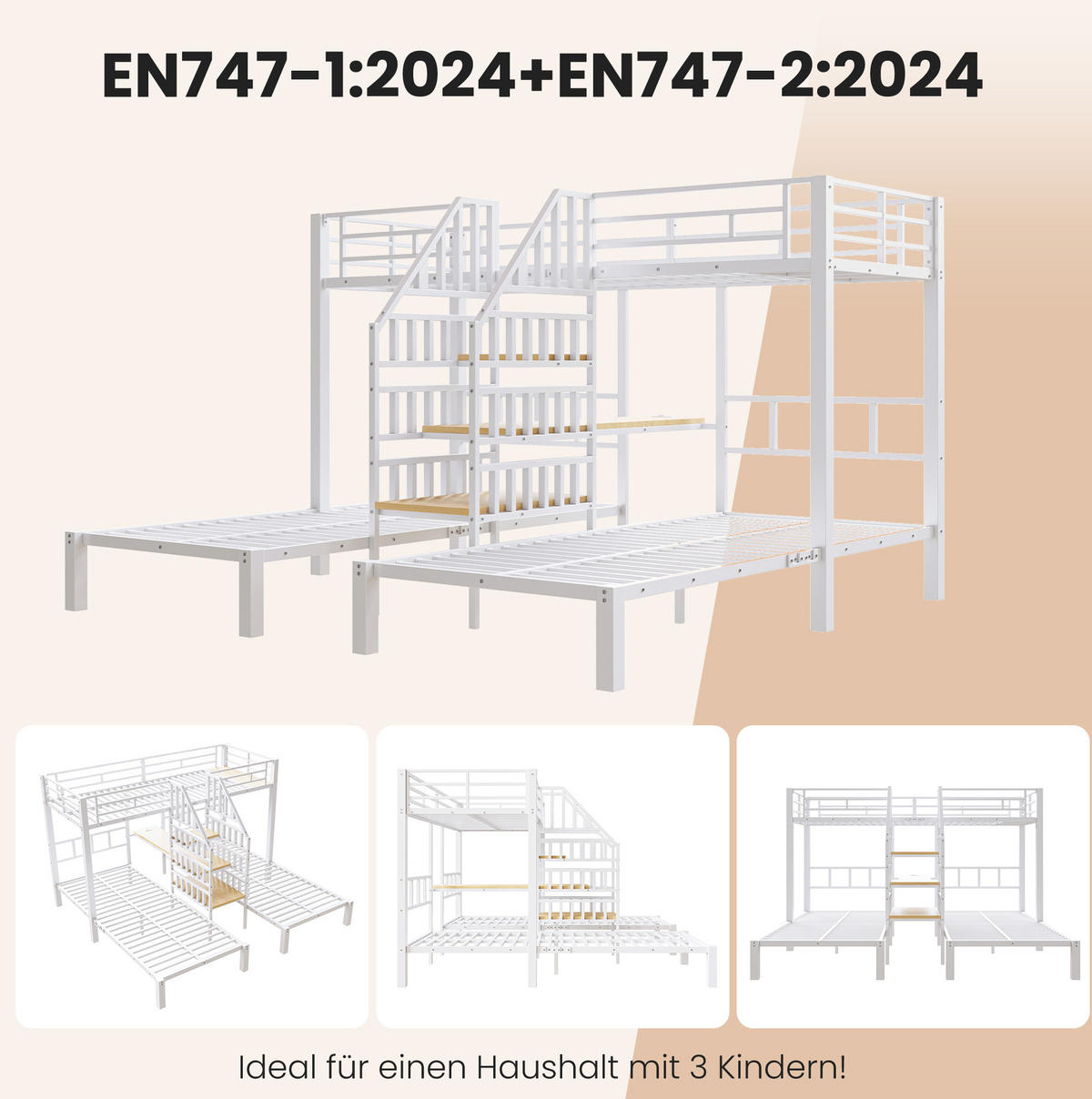 ETAGENBETT 3 Betten 90/200 cm, Weiß mit LED, USB, Schreibtisch - Weiß, Metall (90/200cm) - MIVRAY