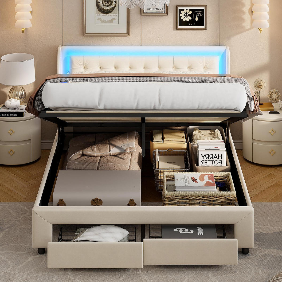 POLSTERBETT 140x190cm LuxeDream mit Hydraulik-System, RGB-LED-Beleuchtung & 2 Schubladen, Samt, Beige - Beige, Textil (140/190cm) - DELFA