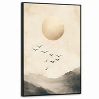 LEINWAND Bilder mit Rahmen - Landschaft - Japandi - Vogel - 100x150 - Beige, Textil (100/150cm) - MuchoWow