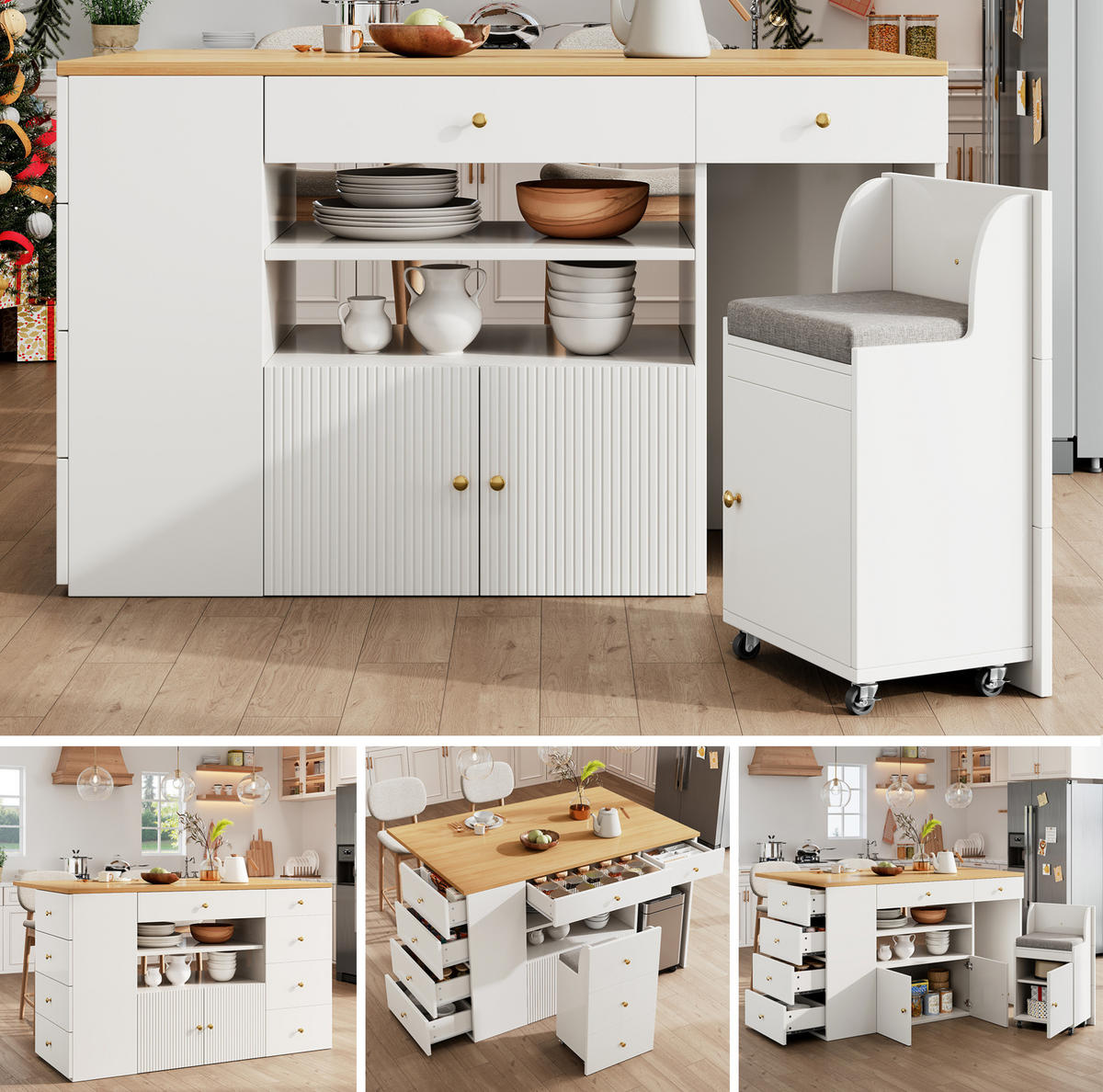 KÜCHENINSEL aus MDF mit Stauraum & Hocker, 140/40(70)/89 cm, Weiß - Weiß, Holzwerkstoff (40/89/140cm) - Redom