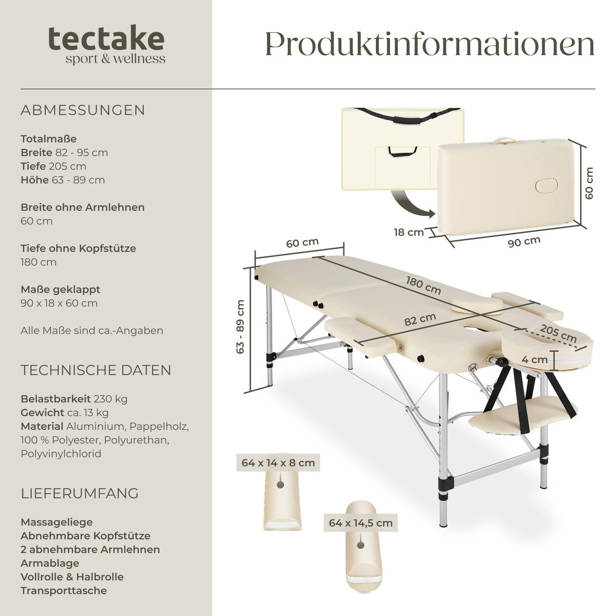 MASSAGELIEGE 2 Zonen, 210 x 95 x 89 cm,beige - Beige, Metall (95/89/210cm) - tectake