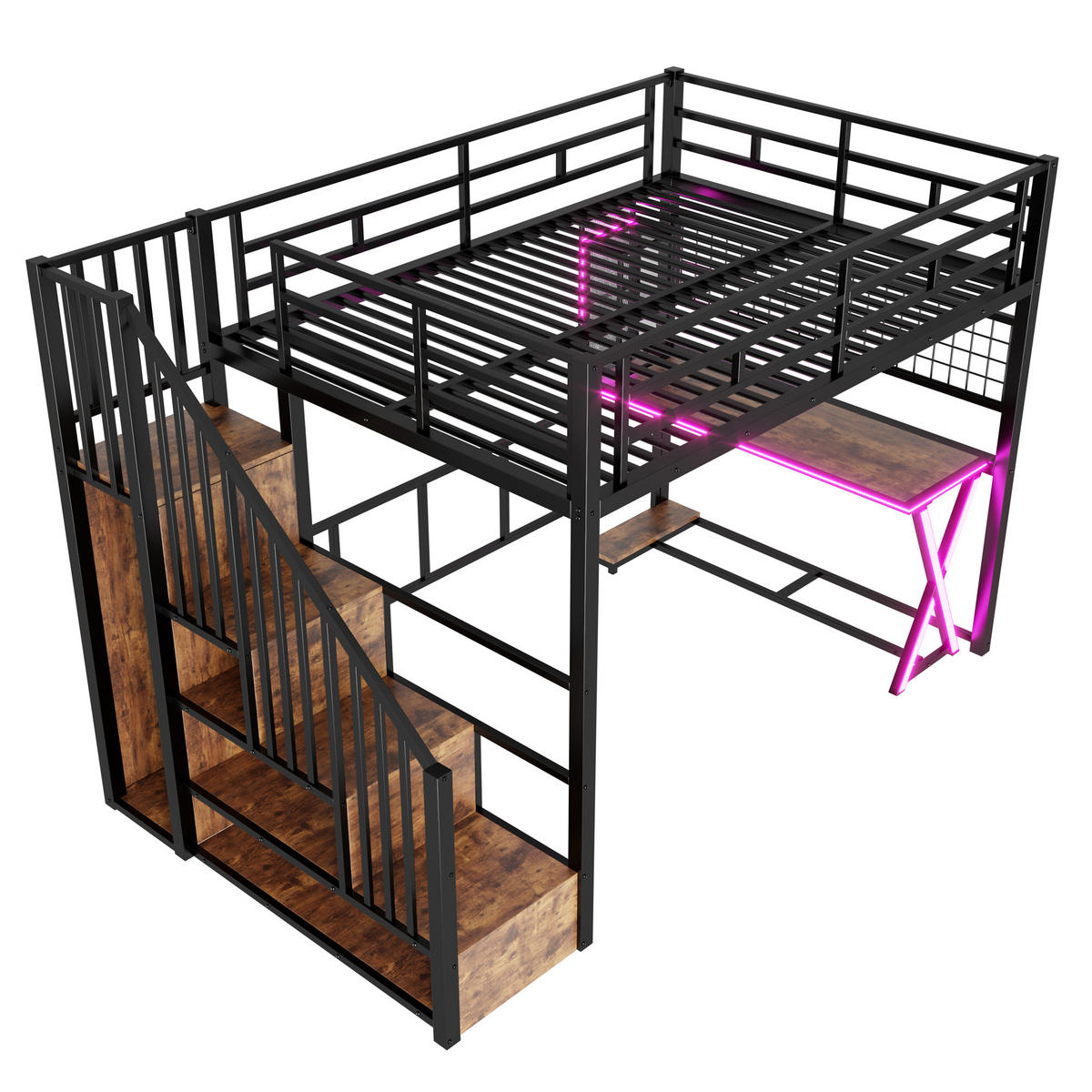HOCHBETT 140/200 cm in Schwarz mit LED, Ablageleiter, Schreibtisch und Kleiderschrank - Schwarz, Holzwerkstoff/Metall (140/200cm) - WISHDOR