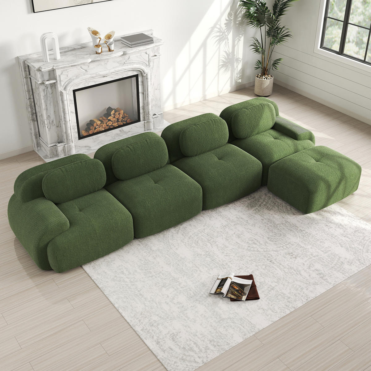 ECKSOFA modular rahmenlos mit 32D-Hochdichteschaum, rutschfester Unterseite und Cordbezug, Grün - Grün, Textil (388/178cm) - Redom