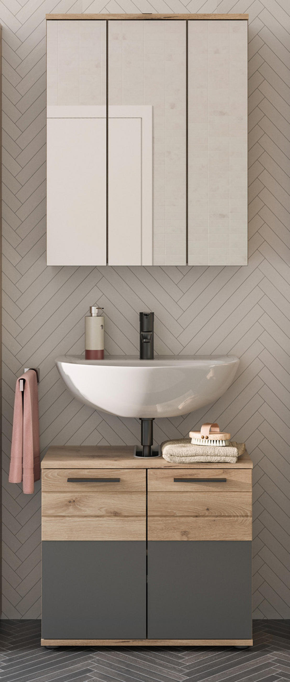 BADMÖBEL-SET Eiche, grau 2-teilig 60x190 cm mit Soft-Close, Badezimmereinrichtung - Eichefarben/Grau, Glas/Holzwerkstoff (60/190/34cm) - Inn.Furn