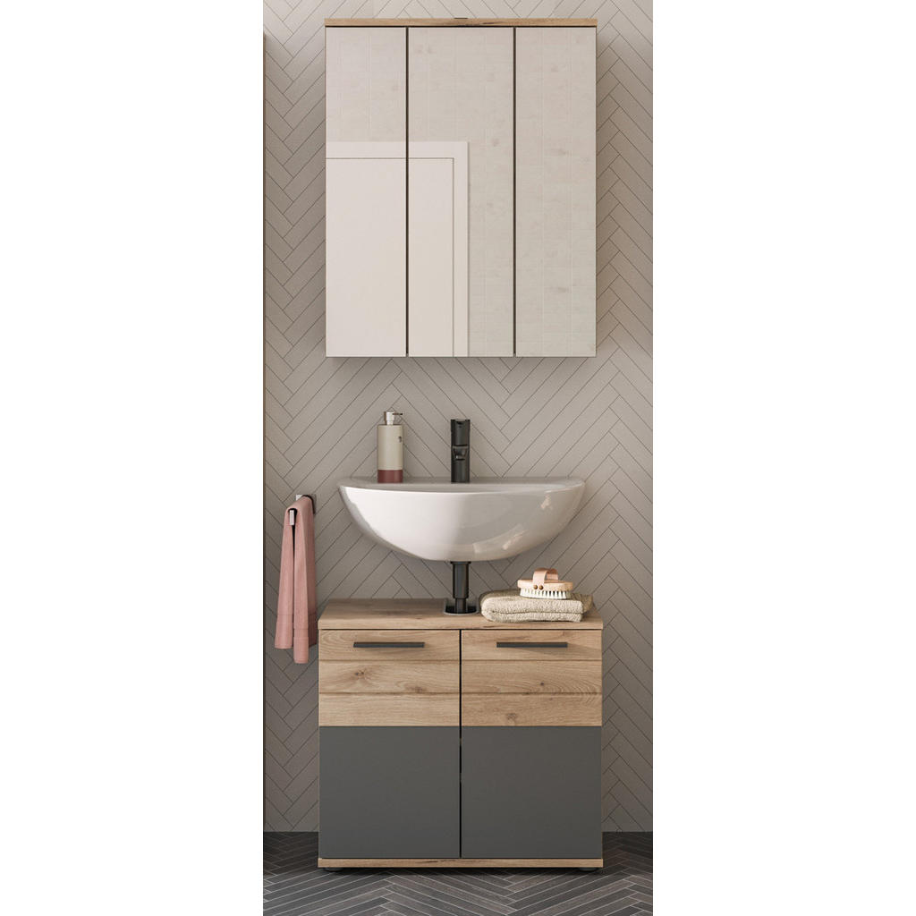 Thumbnail - Inn.Furn Badmöbel-Set, Eiche, Grau, Holzwerkstoff, Glas, Holz Optik, Rechteckig, 60x190x34 cm, FSC Mix, Badaccessoires