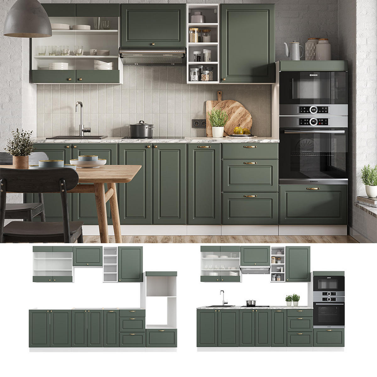 KÜCHENZEILE Fame-Line Grün-Gold Landhaus/Weiß 280 cm, AP Eiche - Weiß/Grün, Holzwerkstoff (280/81.6/60cm) - Vicco