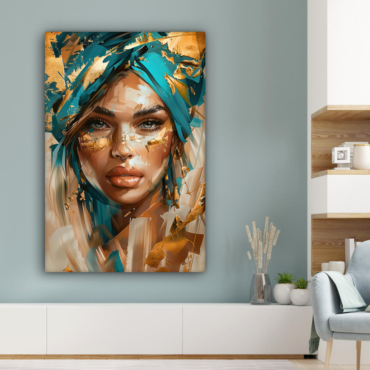 LEINWANDBILD - Frau - Porträt - Gold - Luxus - Blau - 80x120 - Wanddeko - Türkis, Textil (80/120cm) - MuchoWow