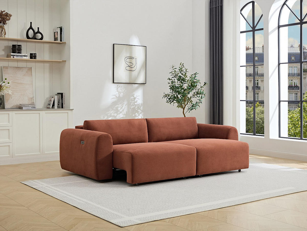 SOFA 4-Sitzer mit elektrisch ausziehbarer Sitzfläche – Feincord-Samt Terrakotta – PASTARO - Braun, Textil (242/75/109cm) - Vente-Unique